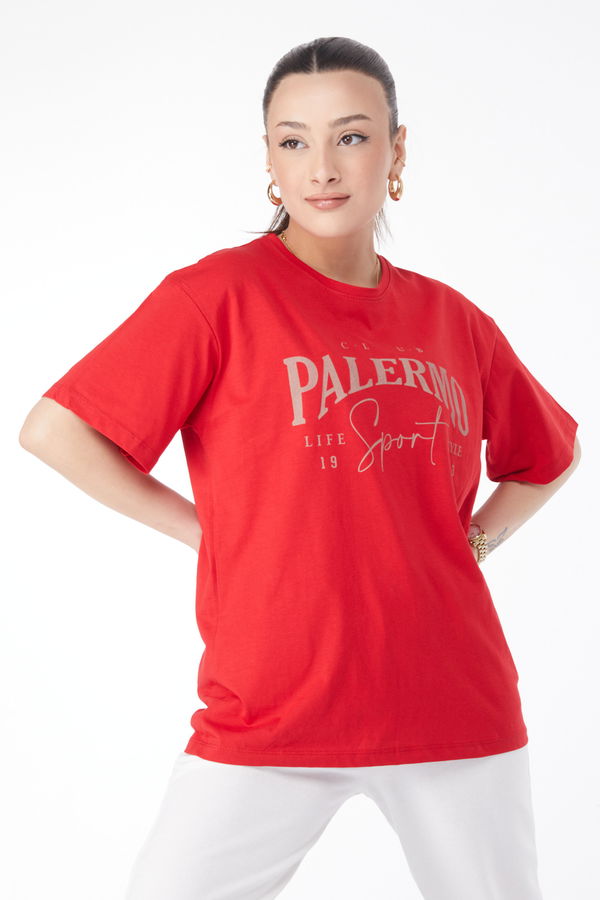 Kısa Kollu Baskılı T-shirt Kırmızı - 24637 Kırmızı