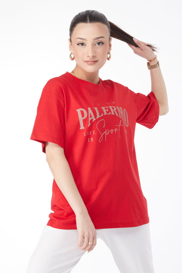 Kısa Kollu Baskılı T-shirt Kırmızı - 24637 Kırmızı