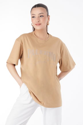 Kısa Kollu Baskılı T-shirt Vizon - 24637