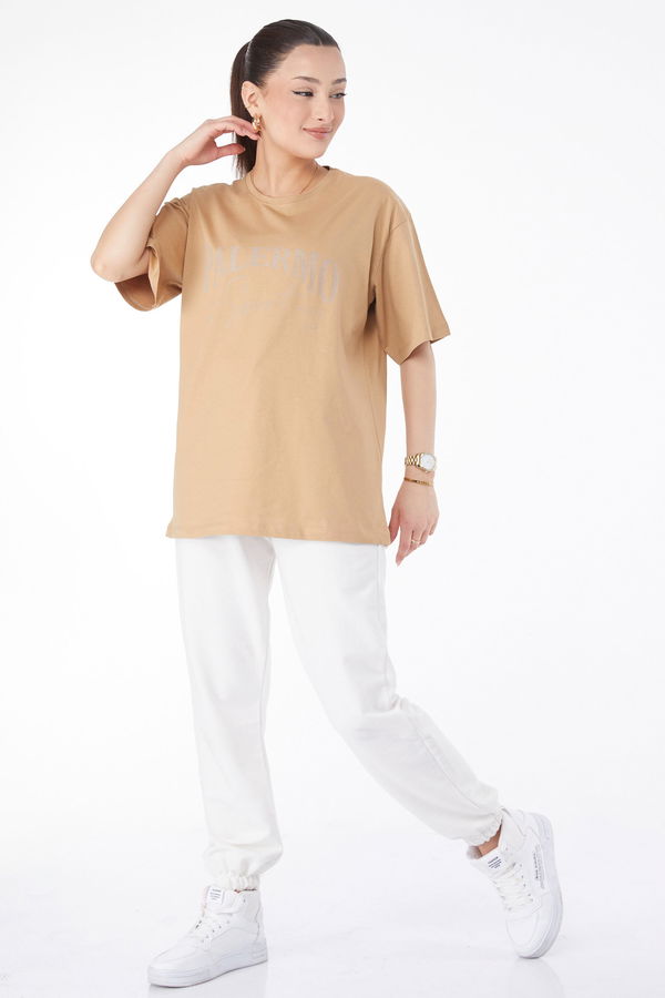 Kısa Kollu Baskılı T-shirt Vizon - 24637