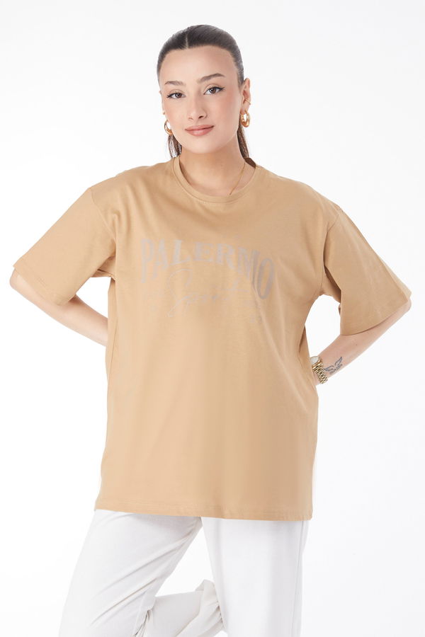 Kısa Kollu Baskılı T-shirt Vizon - 24637