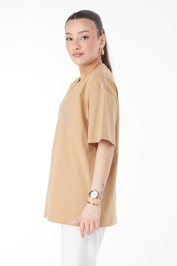 Kısa Kollu Baskılı T-shirt Vizon - 24637