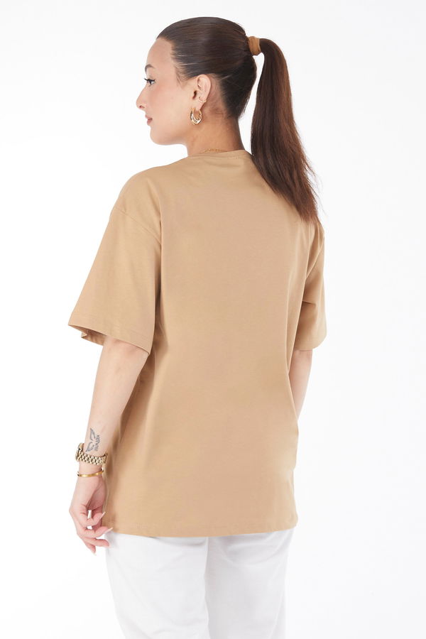 Kısa Kollu Baskılı T-shirt Vizon - 24637