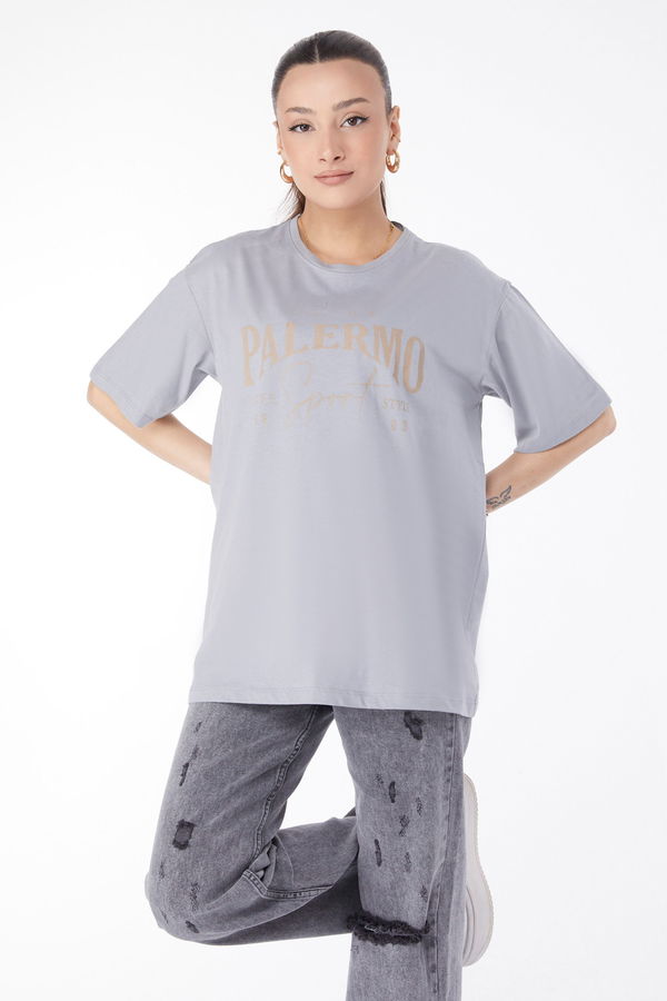 Kısa Kollu Baskılı T-shirt Gri - 24637