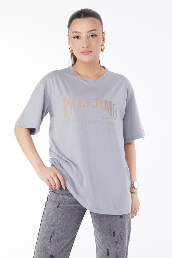 Kısa Kollu Baskılı T-shirt Gri - 24637