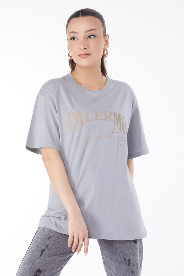 Kısa Kollu Baskılı T-shirt Gri - 24637