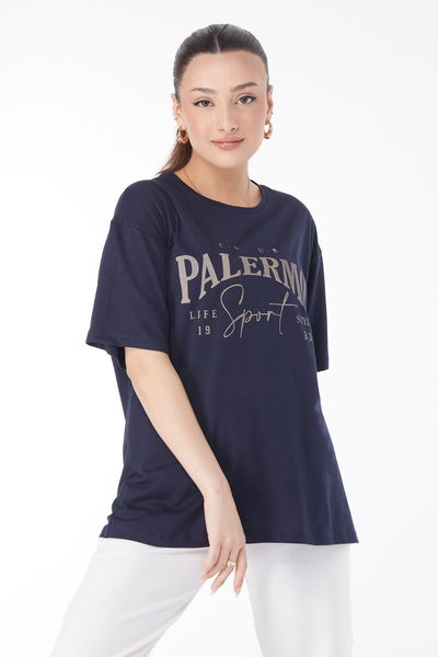 Kısa Kollu Baskılı T-shirt Lacivert - 24637