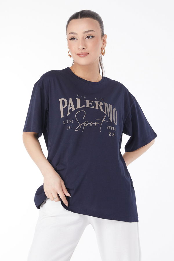 Kısa Kollu Baskılı T-shirt Lacivert - 24637