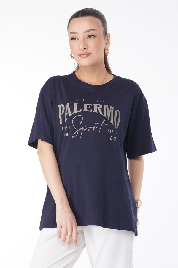 Kısa Kollu Baskılı T-shirt Lacivert - 24637