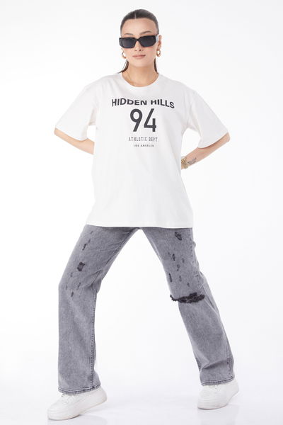 Kısa Kollu Baskılı T-shirt Beyaz - 24638