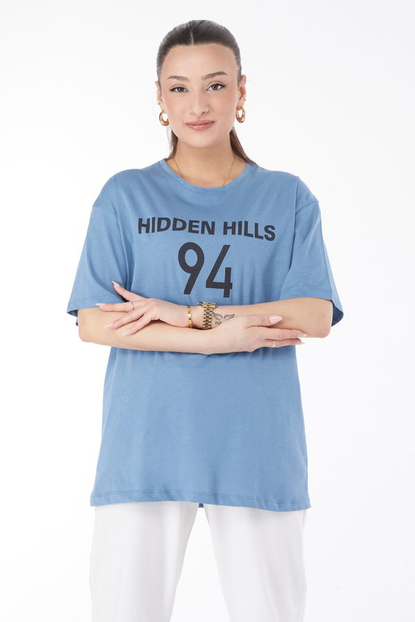 Kısa Kollu Baskılı T-shirt Mavi - 24638 MAVİ