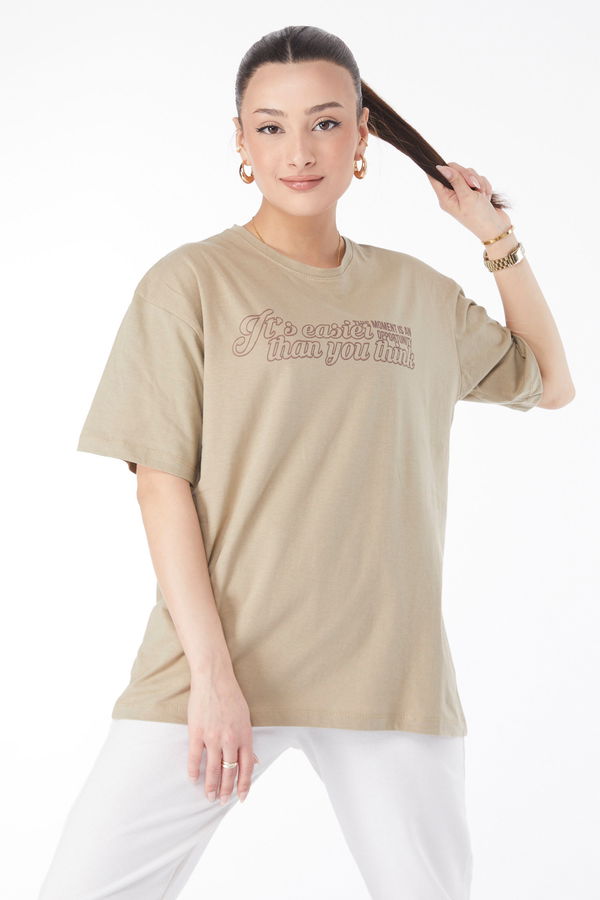 Kısa Kollu Baskılı T-shirt Haki - 24639