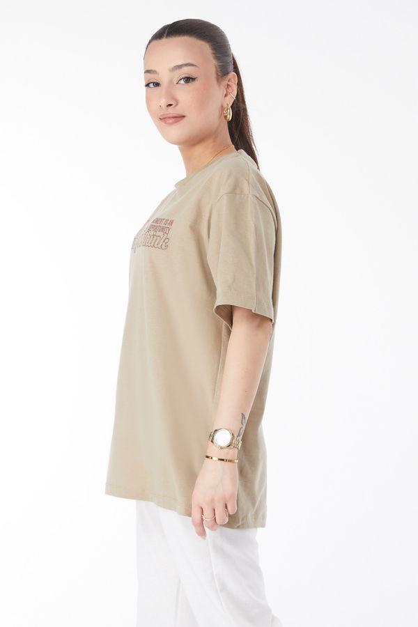 Kısa Kollu Baskılı T-shirt Haki - 24639