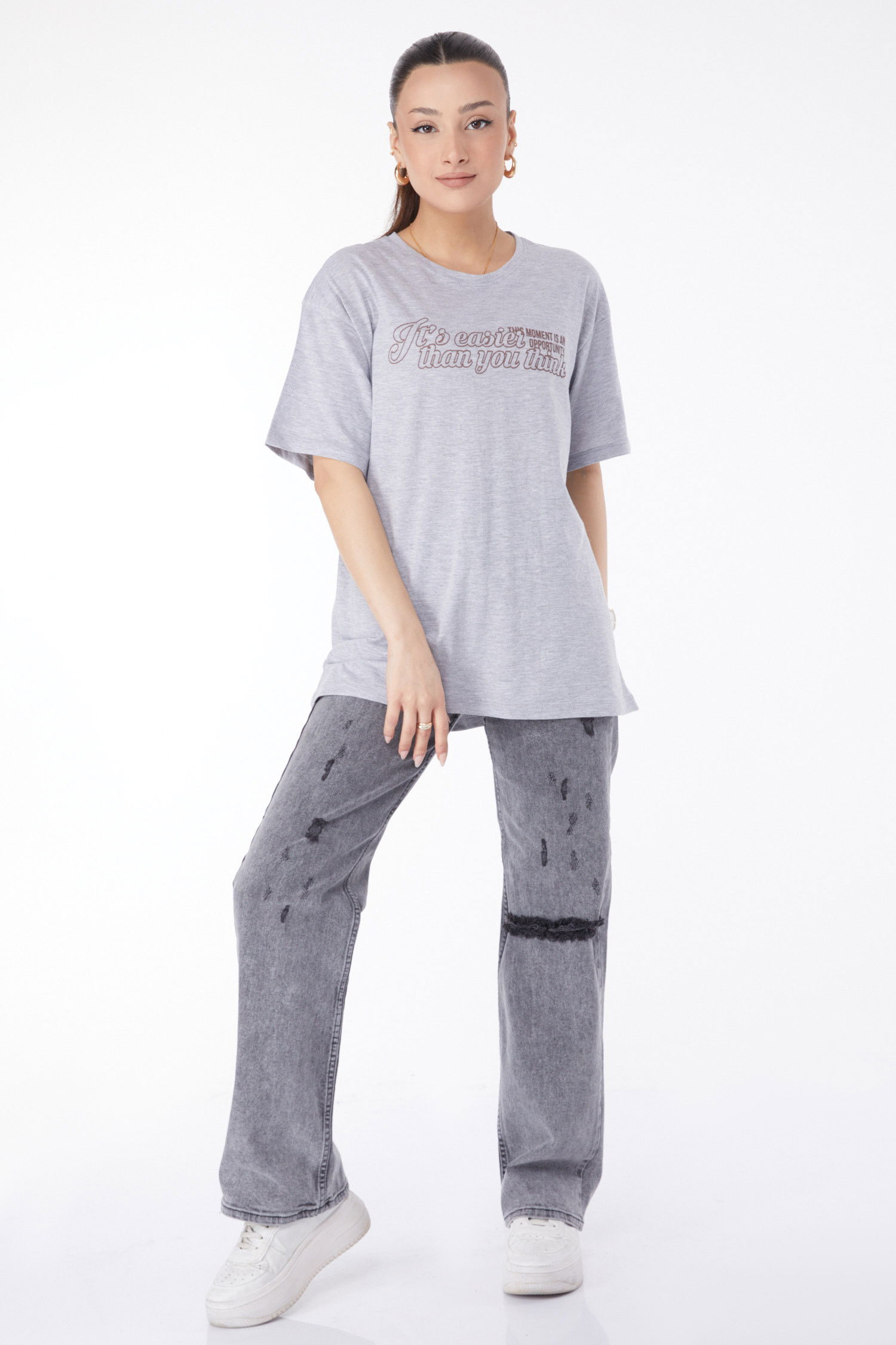 Kısa Kollu Baskılı T-shirt Gri - 24639