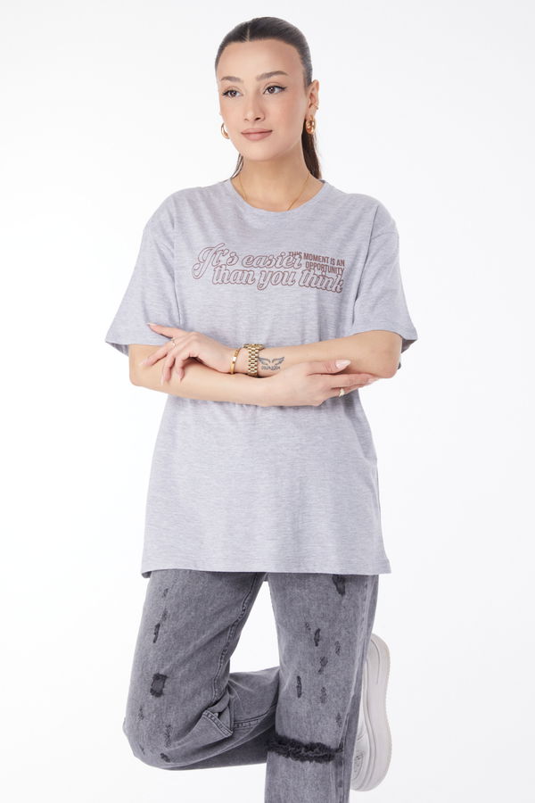 Kısa Kollu Baskılı T-shirt Gri - 24639