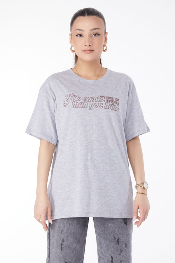 Kısa Kollu Baskılı T-shirt Gri - 24639