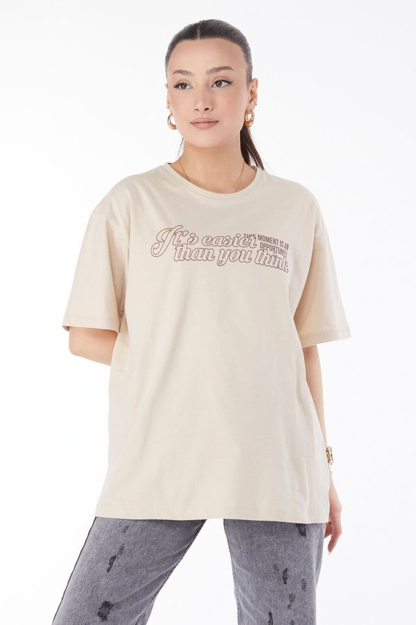 Kısa Kollu Baskılı T-shirt Bej - 24639 BEJ