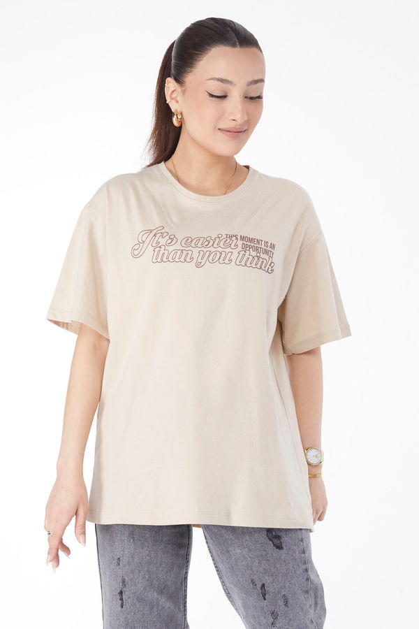 Kısa Kollu Baskılı T-shirt Bej - 24639 BEJ