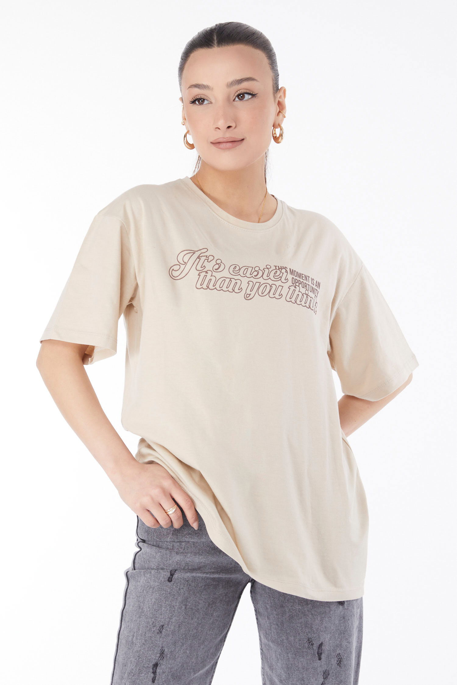 Kısa Kollu Baskılı T-shirt Bej - 24639 BEJ