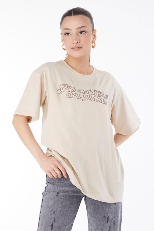 Kısa Kollu Baskılı T-shirt Bej - 24639 BEJ