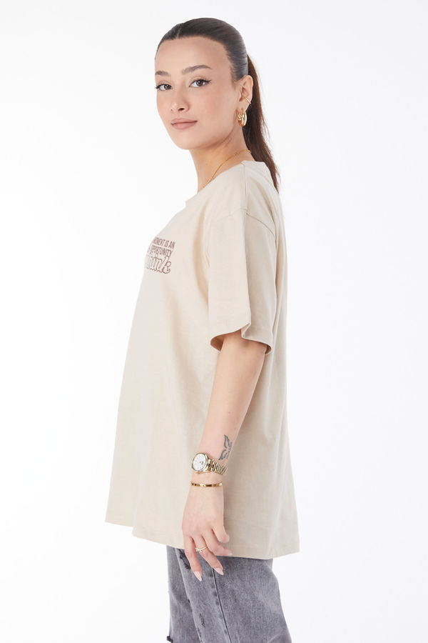 Kısa Kollu Baskılı T-shirt Bej - 24639 BEJ