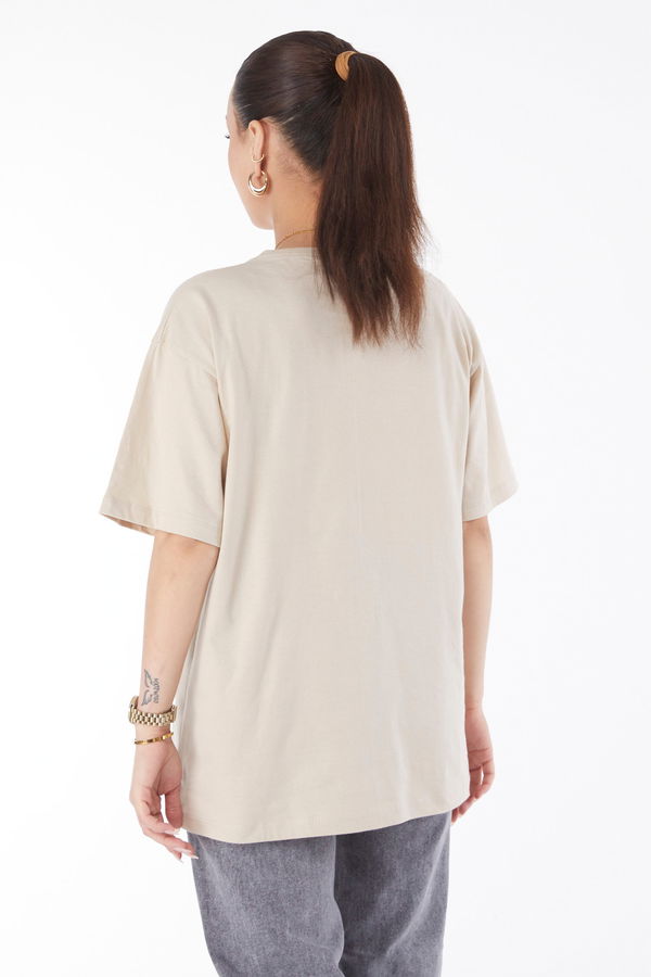 Kısa Kollu Baskılı T-shirt Bej - 24639 BEJ