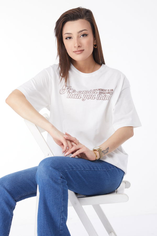 Kısa Kollu Baskılı T-shirt Ekru - 24639