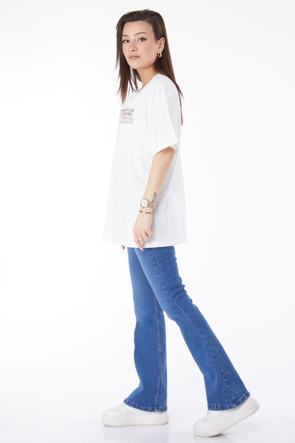 Kısa Kollu Baskılı T-shirt Ekru - 24639