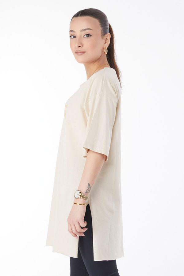 Kısa Kollu Baskılı T-shirt Bej - 24640