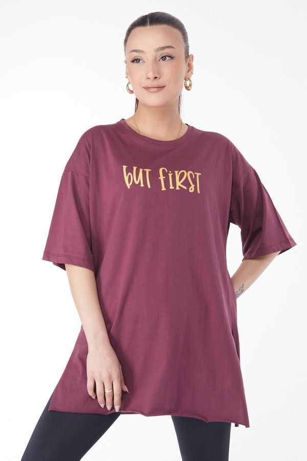 Kısa Kollu Baskılı T-shirt Bordo - 24640