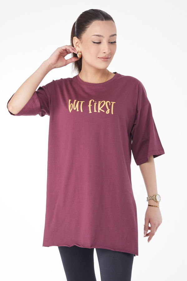 Kısa Kollu Baskılı T-shirt Bordo - 24640