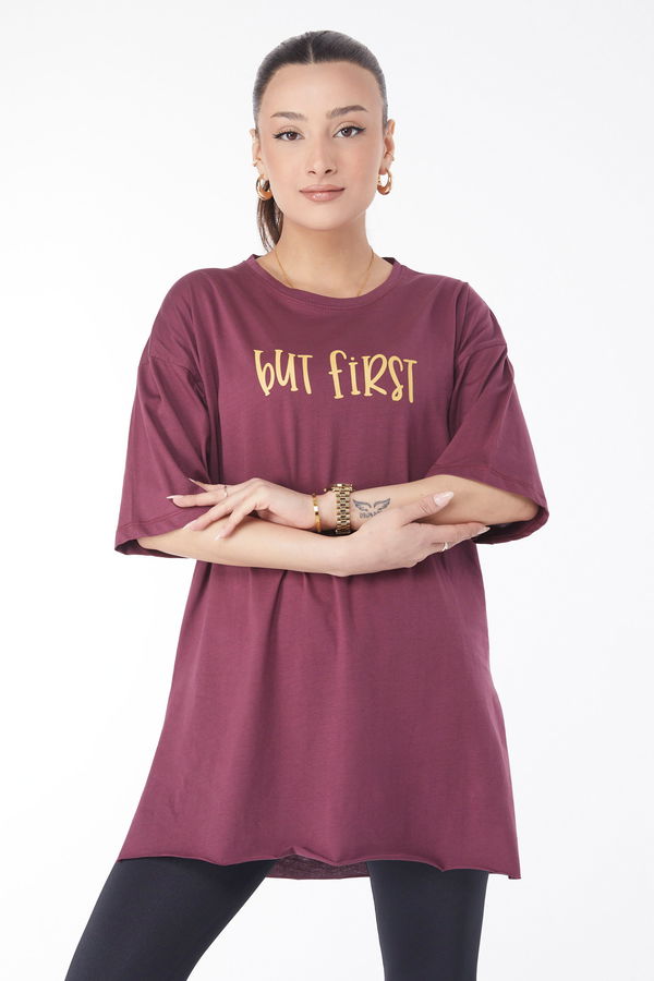 Kısa Kollu Baskılı T-shirt Bordo - 24640