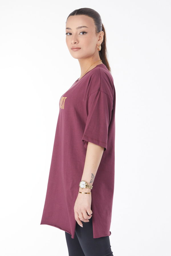 Kısa Kollu Baskılı T-shirt Bordo - 24640