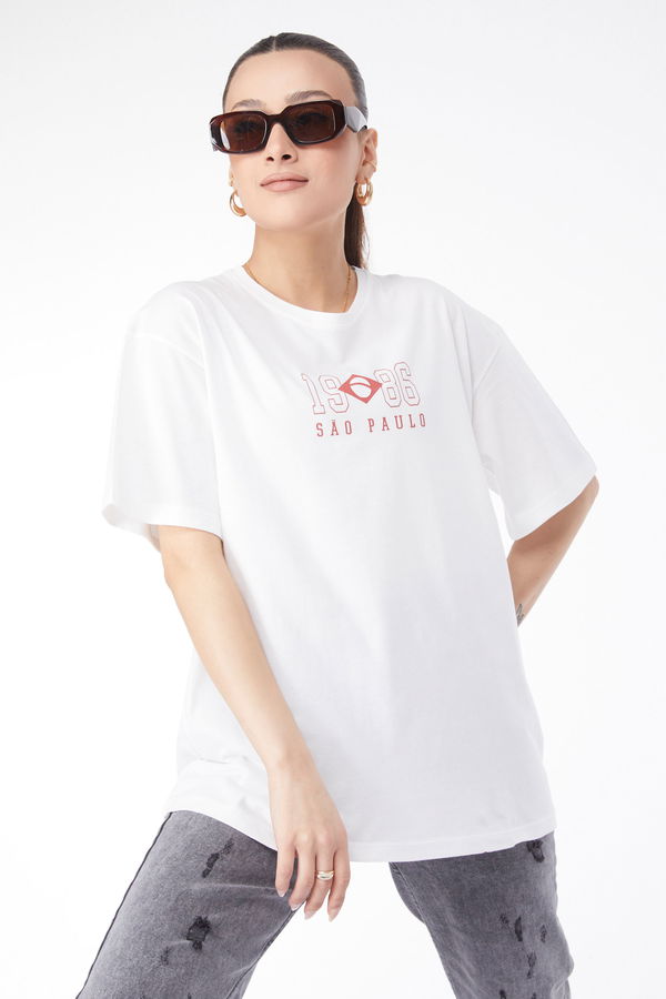 Kısa Kollu Baskılı T-shirt Ekru - 24642