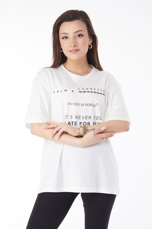 Kısa Kollu Baskılı T-shirt Ekru - 24645 EKRU
