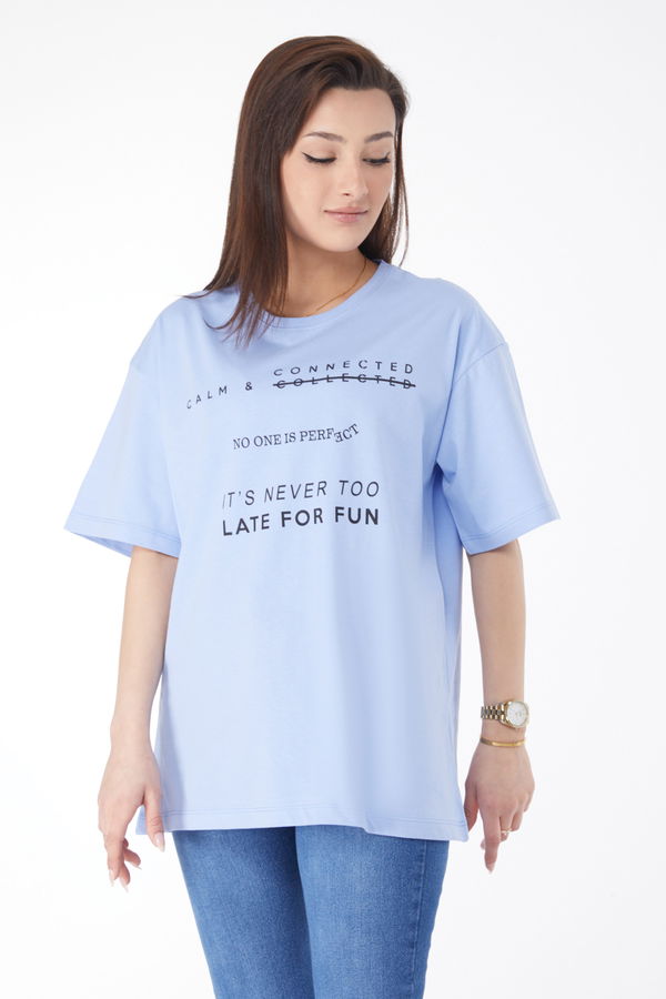 Kısa Kollu Baskılı T-shirt Mavi - 24645 MAVİ