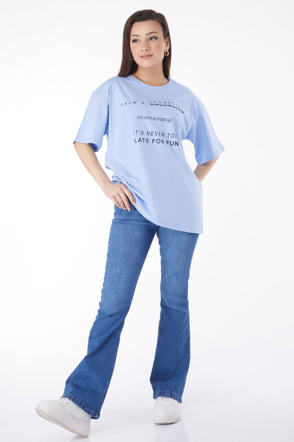 Kısa Kollu Baskılı T-shirt Mavi - 24645 MAVİ
