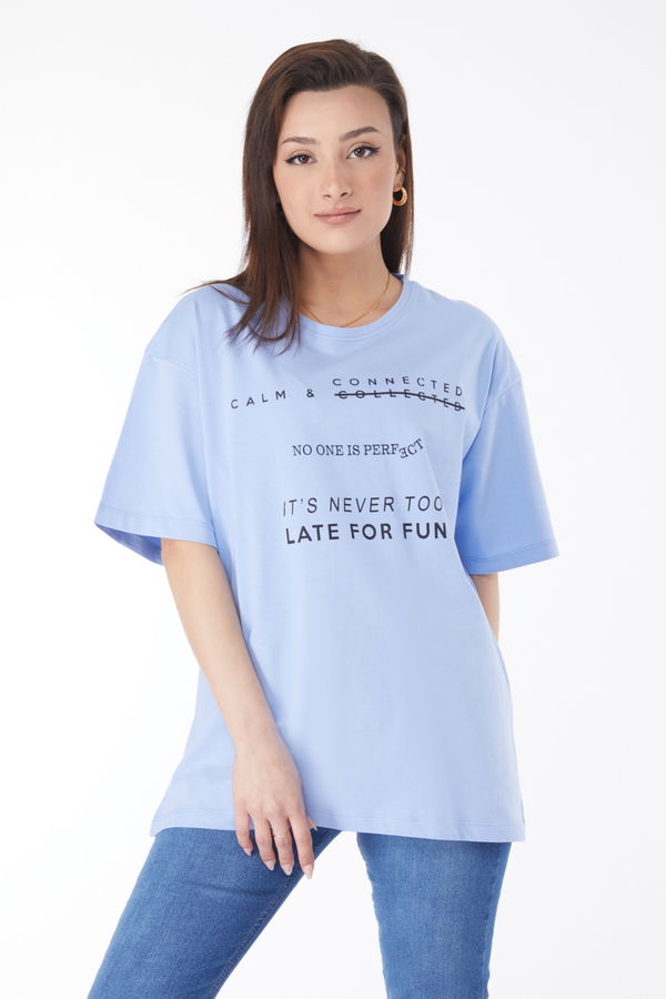 Kısa Kollu Baskılı T-shirt Mavi - 24645 MAVİ