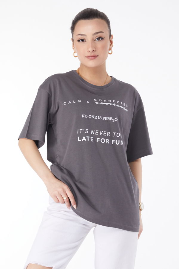 Kısa Kollu Baskılı T-shirt Antrasit - 24645 ANTRASİT