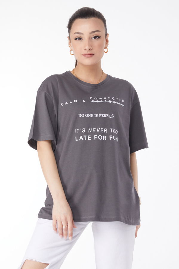 Kısa Kollu Baskılı T-shirt Antrasit - 24645 ANTRASİT