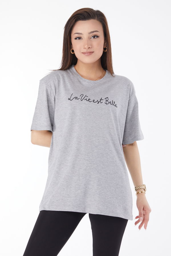 Kısa Kollu Baskılı T-shirt Gri - 24646 GRİ