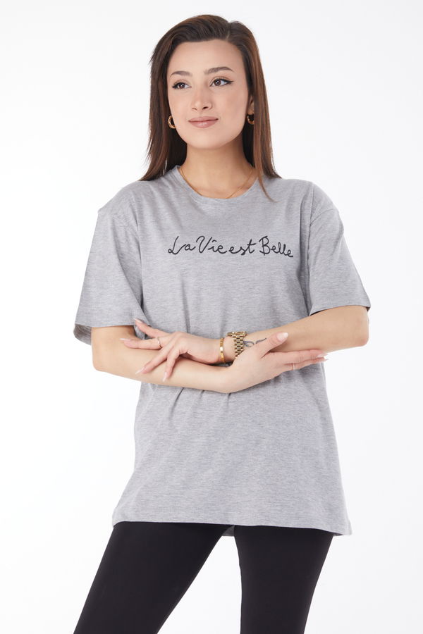 Kısa Kollu Baskılı T-shirt Gri - 24646 GRİ