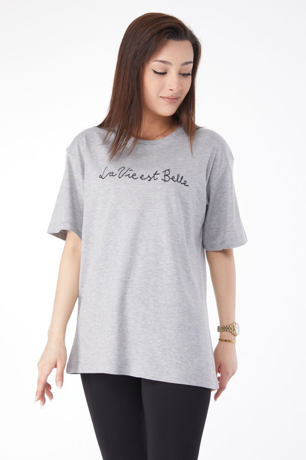 Kısa Kollu Baskılı T-shirt Gri - 24646 GRİ