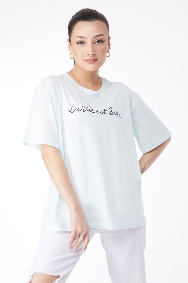 Kısa Kollu Baskılı T-shirt Yeşil - 24646