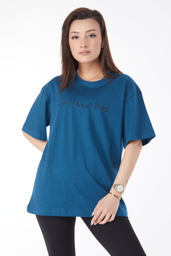 Kısa Kollu Baskılı T-shirt Petrol - 24646 PETROL