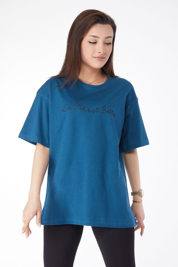 Kısa Kollu Baskılı T-shirt Petrol - 24646 PETROL