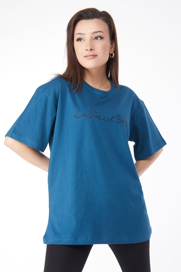 Kısa Kollu Baskılı T-shirt Petrol - 24646 PETROL
