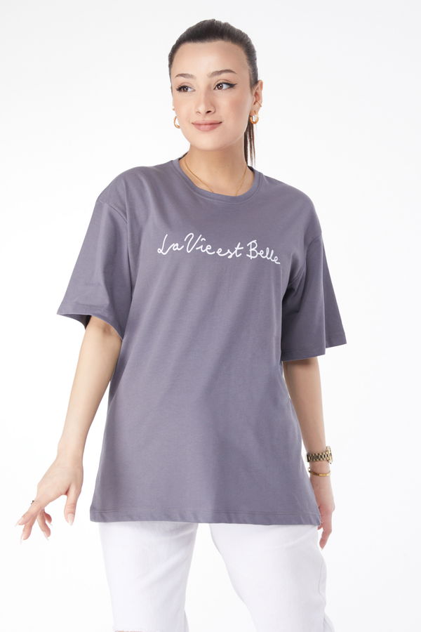 Kısa Kollu Baskılı T-shirt Antrasit - 24646 ANTRASİT