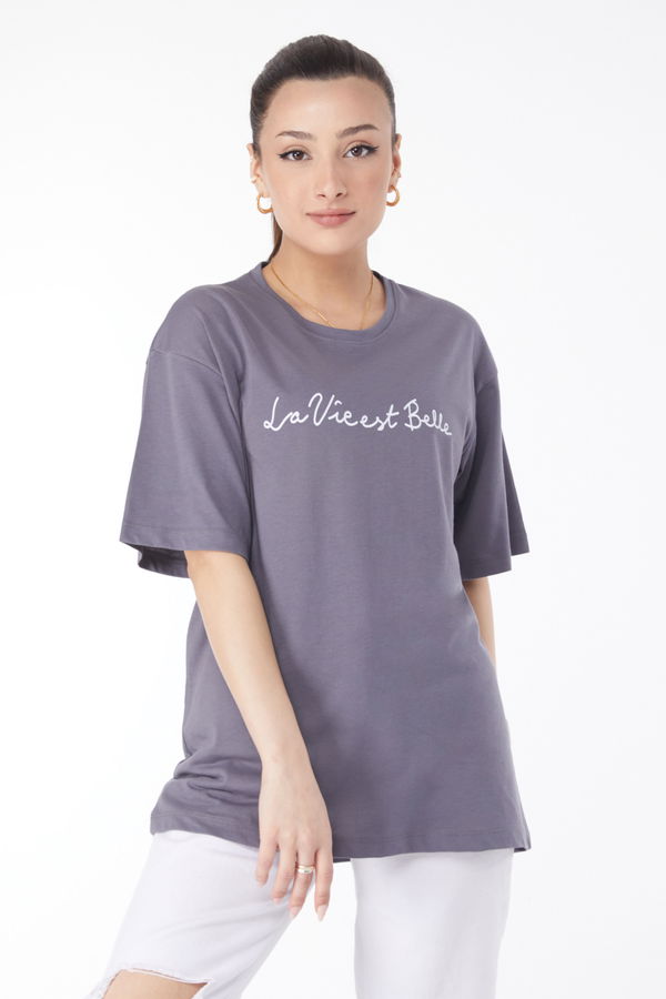 Kısa Kollu Baskılı T-shirt Antrasit - 24646 ANTRASİT