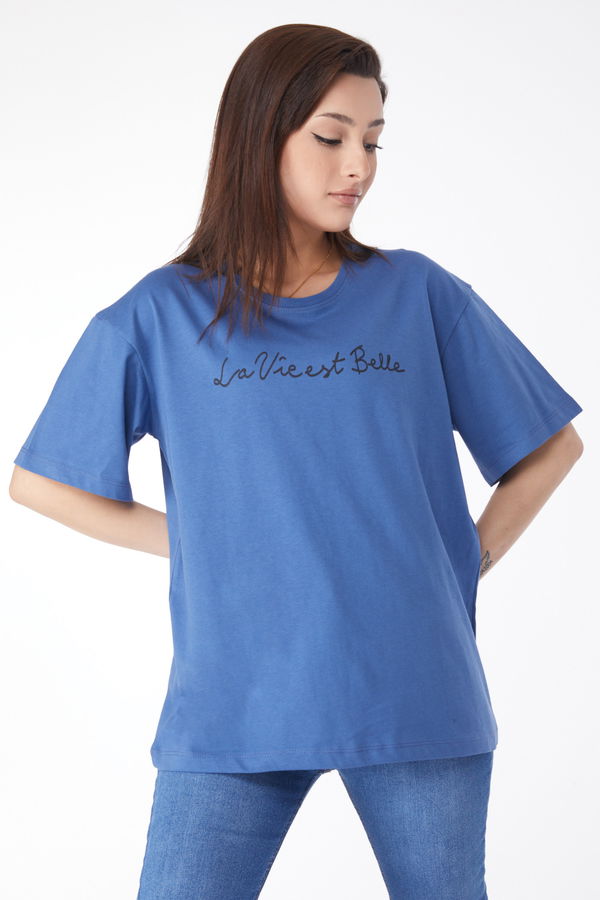 Kısa Kollu Baskılı T-shirt Mavi - 24646 MAVİ
